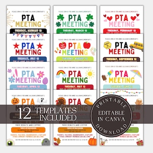 Editable Seasonal PTA PTO Meetings Flyer Bundle  Template Printable Handout School Year Event Volunteer Parent Teacher Meeting Agenda