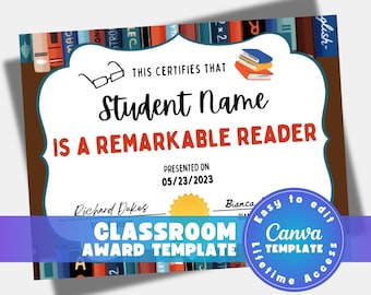 Reading award certificate template, editable student award certificate, elementary school classroom printable, Canva template