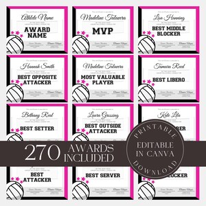 Editable Volleyball Awards Bundle Volleyball Certificates Printable Ceremony Certificates Volleyball Participation Pink