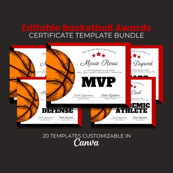 End of Season Basketball Awards, Editable Basketball Award Certificate Bundle,  Template, Team Party Printable, Kids Basketball Red