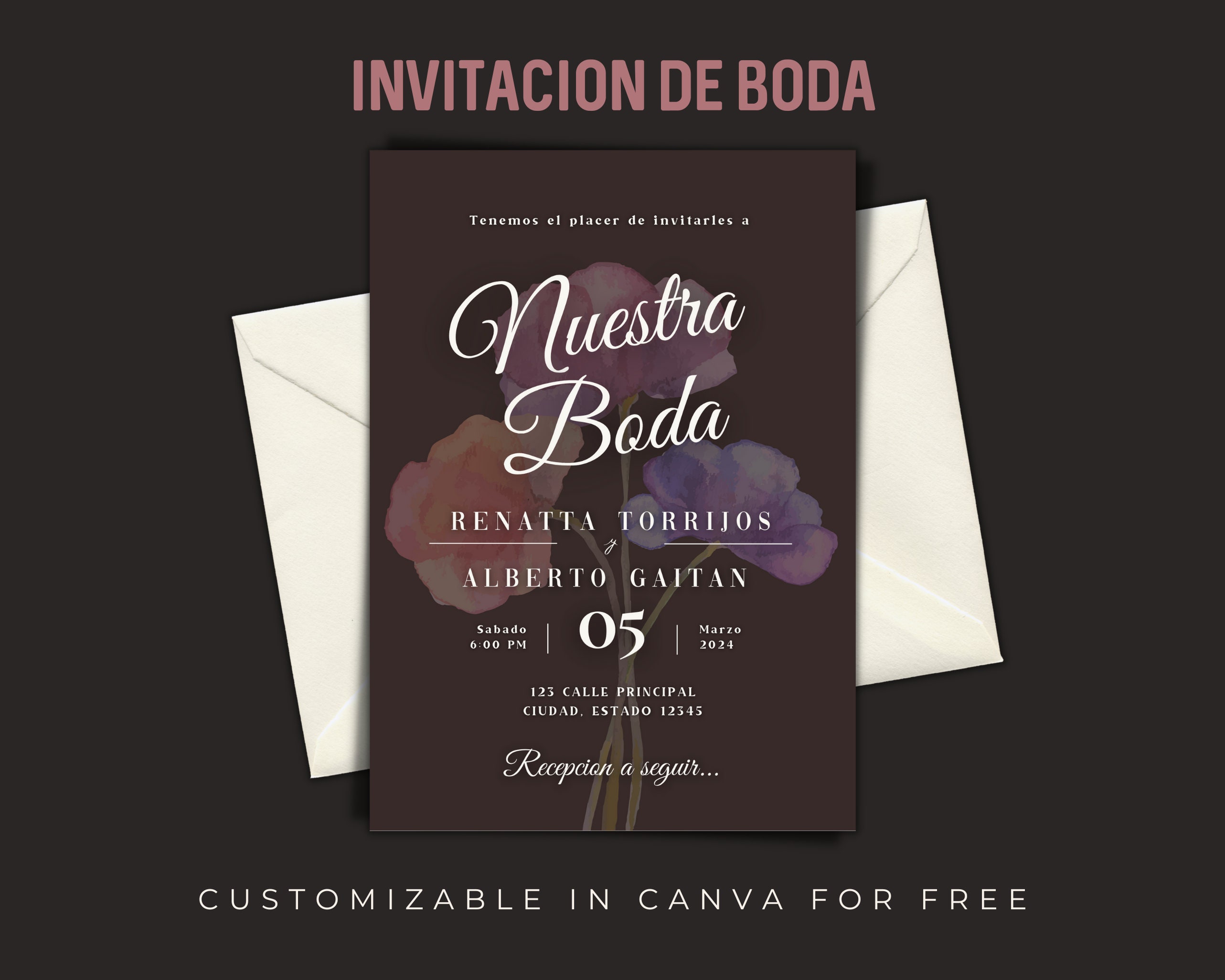 Invitaciones De Boda Espanol, Invitaciones De Boda Template Digital Con  Flores, Imprimir En Casa, Para Boda, Instant Download, Editable 