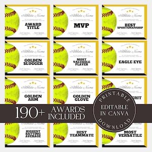 Editable Softball Awards Printable Softball Team Certificate Bundle Canva Template  Team Party Gift for Softball Player