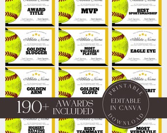 Softball Awards Bundle, Editable Softball Certificate Canva Template, Personalized Softball Team Award Templates, Sport Team Party Gifts