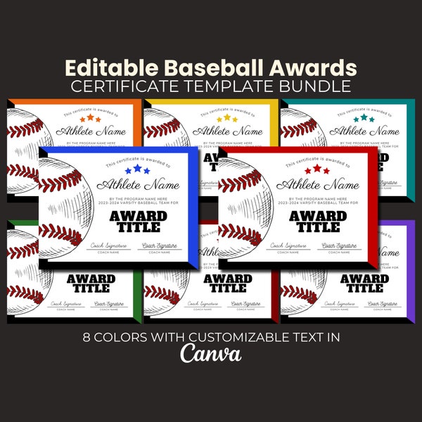 Editable Baseball Award Certificate Bundle, Editable  Template Bundle, Printable, End of Season Baseball Awards, Team Party