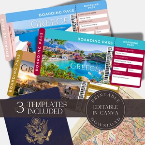 Plantilla editable de tarjeta de embarque para Grecia, plantilla de Canva para boletos de vacaciones imprimibles, invitación sorpresa, boletos de vacaciones, boleto de avión