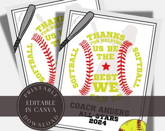 Editable Baseball Team Appreciation Gift for Coach, Thank You Award, Team Party End of Season Printable, Coach Gift from Team, Canva
