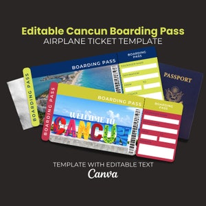 Bewerkbare instapkaartsjabloon Cancun-vakantie afdrukbaar ticket Canva-sjabloon verrassingsuitnodiging vakantietickets Vliegticket