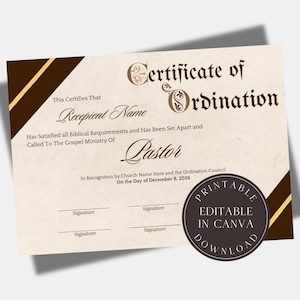 Editable Certificate of Ordination  Template Ministry Certificate Ordained Minister Digital Download Credential of Ministry
