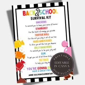 Kit de survie pour la rentrée scolaire modifiable Carte cadeau pour le personnel enseignant Modèle imprimable Semaine de remerciement pour les enseignants Premier jour d'école