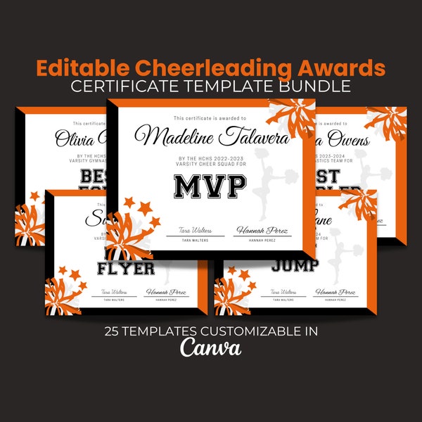 Editable Cheerleading Certificate, Cheer Squad Awards, Printable Team Party Cheer Award, Cheerleading Awards,  Template Orange