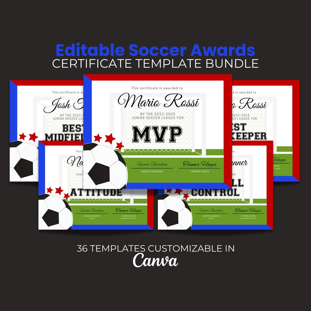 Soccer Award Certificate, Template Bundle, Printable Award, Soccer ...