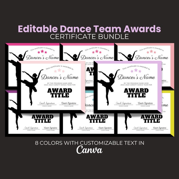 Editable Dance Team Certificate, Dancer Awards, Printable Ballet Award, Dancing Team Awards, Team Party Dance Awards,  Template