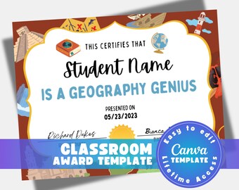 Geography award certificate template, editable classroom school award, elementary student printable, Canva