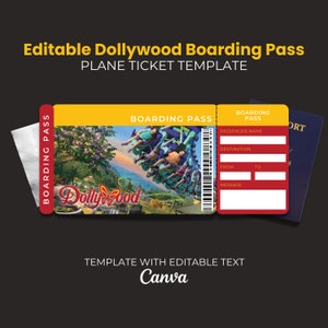 Bearbeitbare Dollywood Bordkarte Themenpark druckbares Ticket Canva Vorlage Überraschungseinladung Urlaubstickets Flugticket