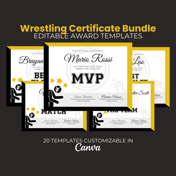 End of Season Wrestling Awards, Editable Wrestler Award Certificate Bundle,  Template Bundle, Printable, Kids Wrestling Team Yellow