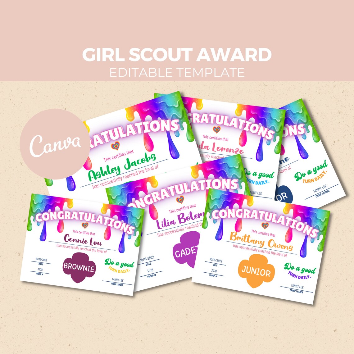 Girl Scout Rank Achievement Certificate Editable Award Bundle Etsy
