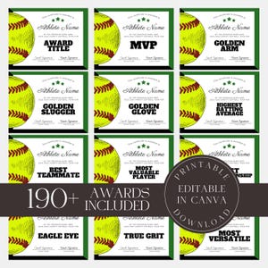 Editable Softball Awards Printable Softball Team Certificate Bundle Canva Template  Team Party Gift for Softball Player