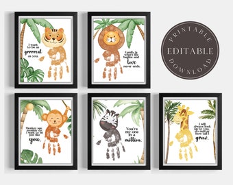 Safari animal handprint art, baby keepsake craft, nursery decor activity, animal footprint printable for toddlers