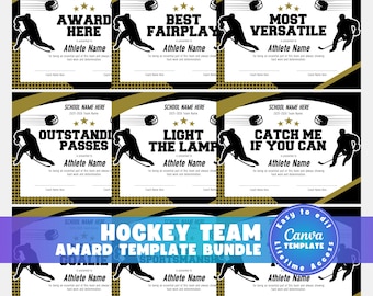 Editable Hockey Certificate Awards Template, 40 Award Certificates in 8 Colors, Ice Hockey Team Awards, Coach End of Season Canva Bundle