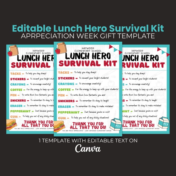 Editable Lunch Hero Survival Kit, Back to School Lunchroom Gift, Printable  Template, Lunch Hero Appreciation Gift, Middle School Gift