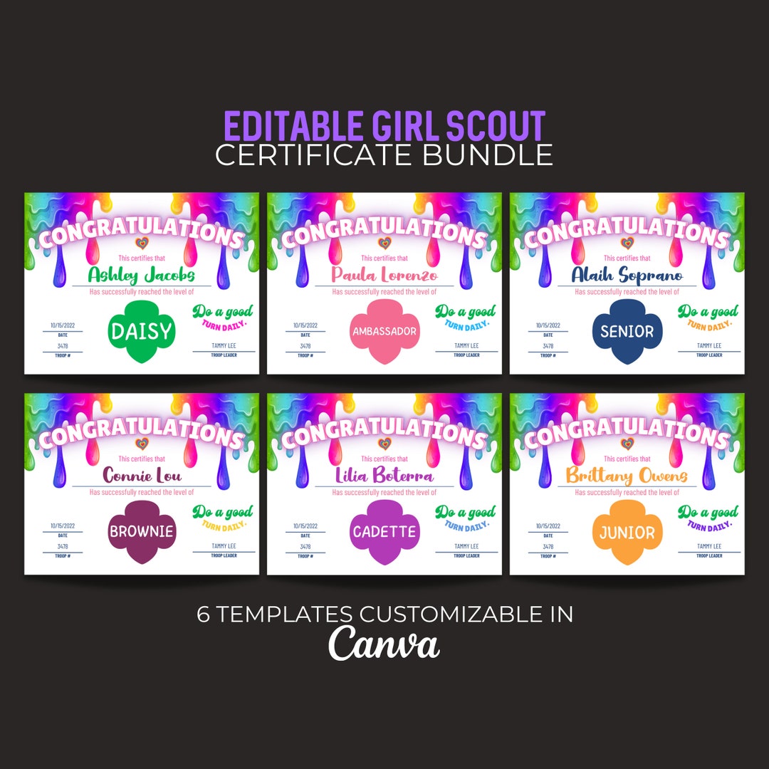 Girl Scout Rank Achievement Certificate Editable Award Bundle Etsy