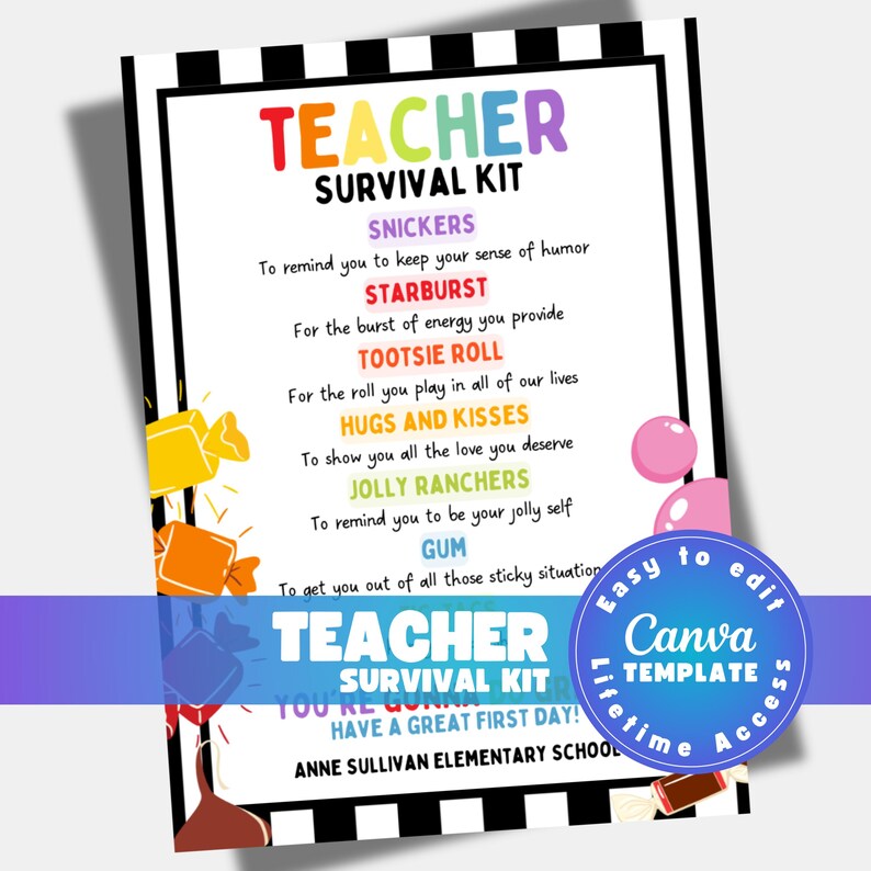 Editable Teacher Survival Kit Card Back to School Gift (canva Template ...