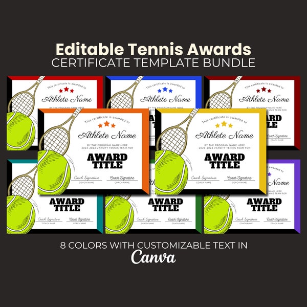 End of Season Tennis Certificate Bundle, Editable Tennis Award,  Team Party Printable Certificate, Tennis Participation Award