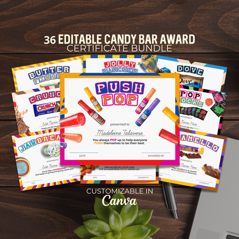 Editable Employee Candy Bar Award Certificates Candy Bar Etsy