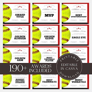 Editable Softball Awards Printable Softball Team Certificate Bundle Canva Template  Team Party Gift for Softball Player