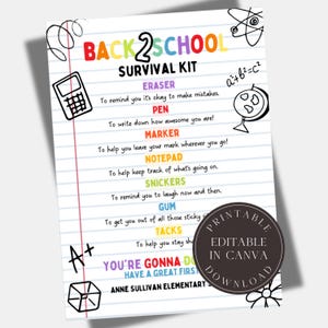 Editable Back to School Survival Kit Card Staff Teacher Gift Printable  Template Teacher Appreciation Week First Day of School