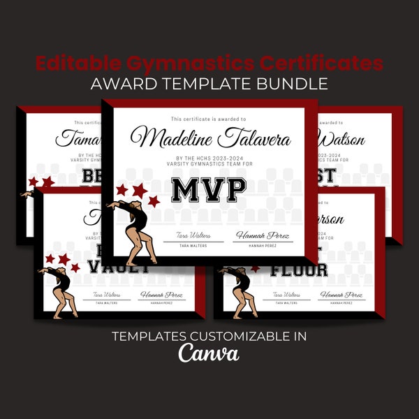 Editable Gymnastics Certificate Bundle, Printable Gymnast Award, Aerobatics Awards, Gymnastics Team Award, Custom  Template Burgundy