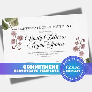 Modello di certificato di impegno modificabile per il rinnovo dei voti nuziali floreali (download digitale)