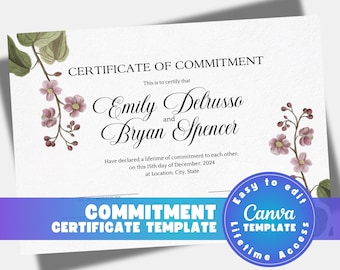 Editable Commitment Certificate Template Floral Wedding Vow Renewal (Digital Download)