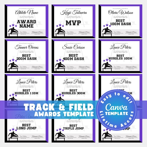 Modèle modifiable de récompenses d'athlétisme, certificats de récompense de course personnalisés, cadeau d'équipe de cross-country pour entraîneur d'équipe, toile numérique imprimable