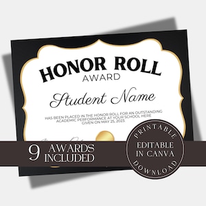 Editable School Honor Roll Certificate Classroom Academic Excellence Award  Template Student Honorary Award Elementary High School