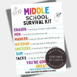 Editable Middle School Survival Kit Gift Tag Gift For Teachers Staff Students 6th 7th 8th Grade Printable First Day Supplies Candy PTO PTA