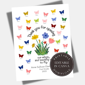 Carte de remerciement de fin d'année modifiable pour le professeur Modèle de cadeau de classe imprimable Cadeau pour la classe d'école Papillon