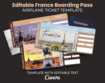 Editable Boarding Pass, France Vacation Printable Ticket Template, Surprise Invitation, Gift Vacation Tickets, Airline Ticket, Custom