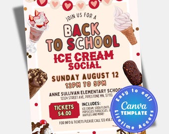 Ice cream social flyer template, back to school PTO PTA event flyer, editable school social printable, Canva
