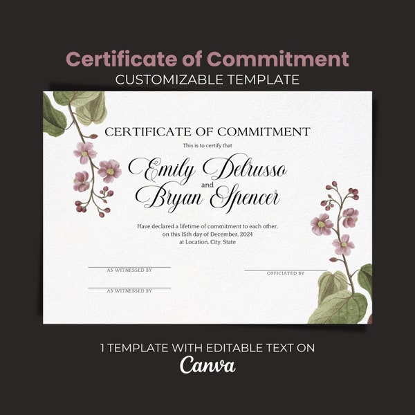 Printable Commitment Certificate Template, Certificate of Marriage, Wedding, Vow Renewal, Editable Certificate Digital Download