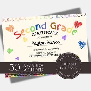 Editable Second Grade Award Elementary Classroom Award Certificate Canva Template Printable Graduation Awards Student Class Award