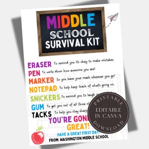 Editable Middle School Survival Kit Gift Tag Gift For Teachers Staff Students 6th 7th 8th Grade Printable First Day Supplies Candy PTO PTA