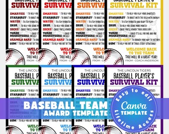 Baseball Team Survival Kit, Editable Sport Team Survival Kits for Start of Season, Gifts for Baseball Players from Coach and Parents