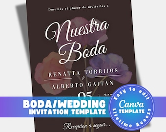 Spanish wedding invitation template, Canva boda invitation, editable 5x7 printable, floral digital download
