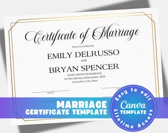 Editable Wedding Certificate Template Marriage Vow Renewal (Digital Download)