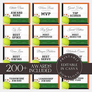 Modello per pacchetto di premi di tennis, certificati di tennis modificabili, regalo di ringraziamento per l'allenatore della squadra, download stampabile da Canva