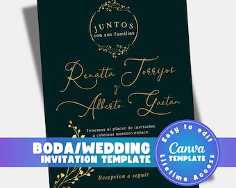 Spanish wedding invitation template, boda invite printable, editable Canva 5x7, digital floral download