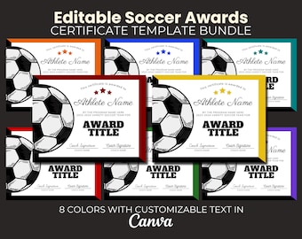 Editable Soccer Award Certificate Bundle,  Template Bundle, Printable Team Party Award, End of Season Soccer Awards, Participation