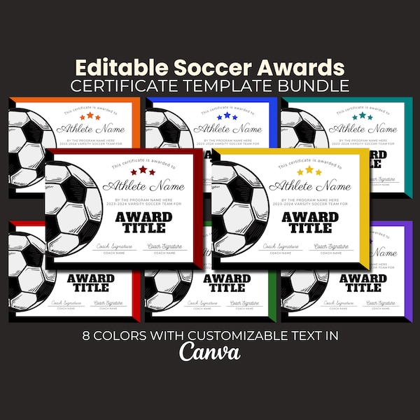 Editable Soccer Award Certificate Bundle,  Template Bundle, Printable Team Party Award, End of Season Soccer Awards, Participation