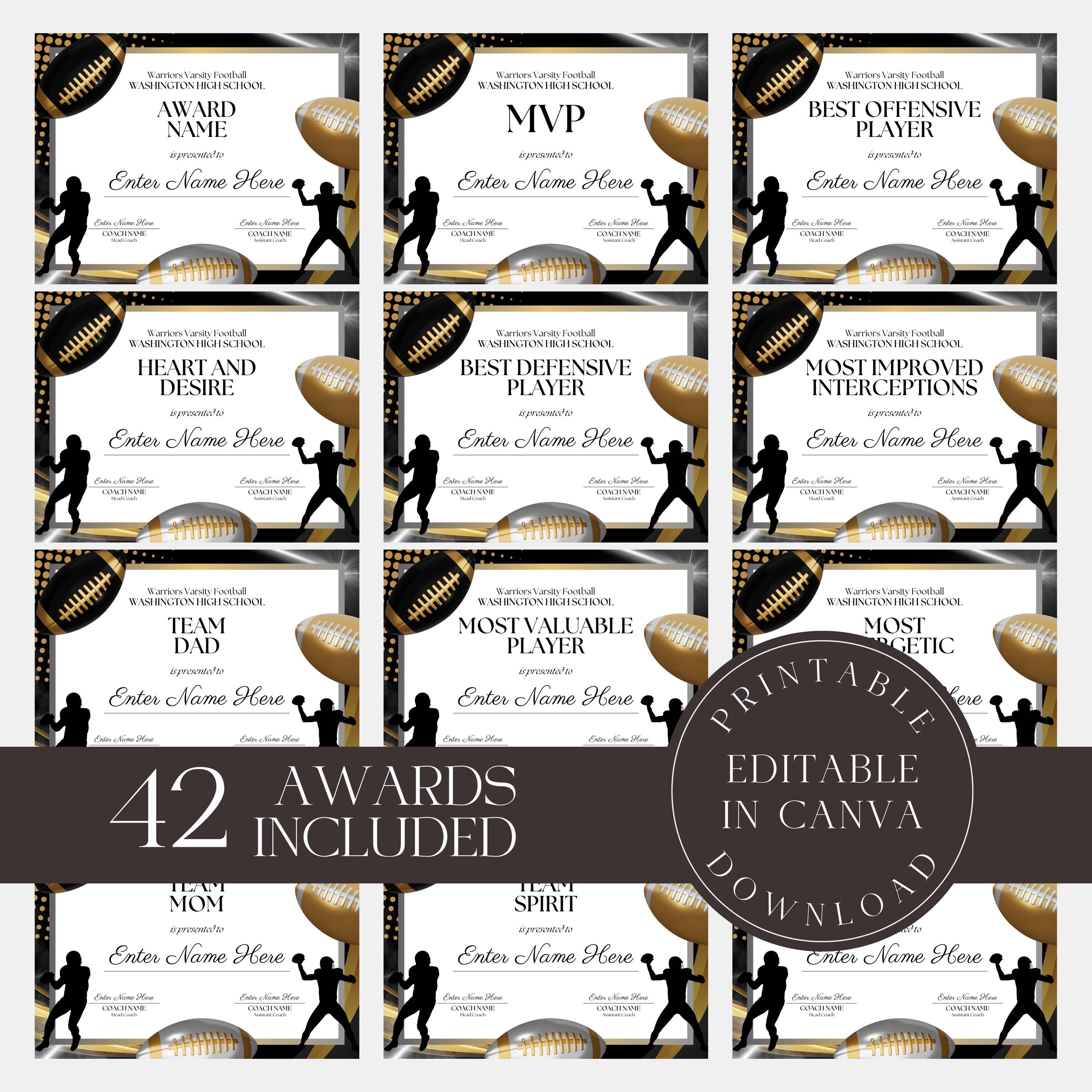 Editable Football Certificates Football Team End of Season Awards Team Party Award Certificate Football Participation Award Gold